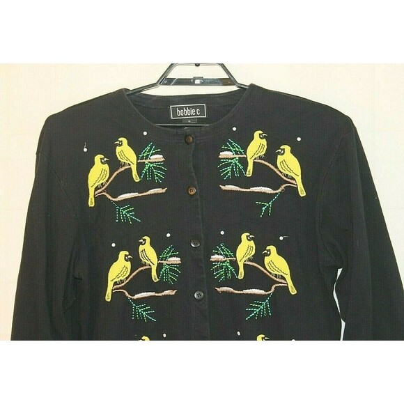Bobby C Cardigan Womens Black Yellow Bird Embroidered Sweater Size XL - Picture 3 of 5